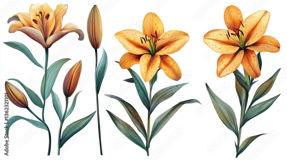 Fototapeta premium Blooming Lilies with Buds, Isolated Clean White Background