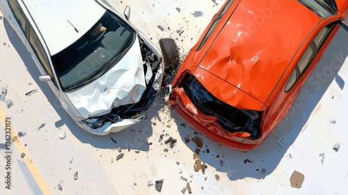Accident Scene: Two cars involved in a collision, showcasing the aftermath of a vehicular accident, highlighting damage and impact