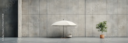 Minimalist scene umbrella, plant, concrete wall