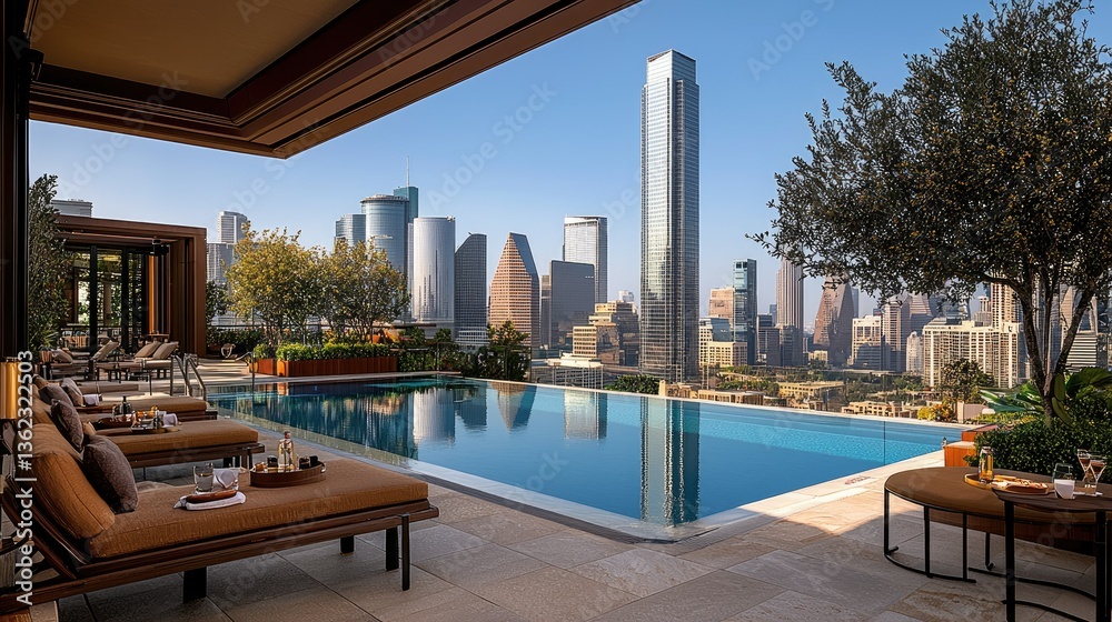 Fototapeta premium Luxury Rooftop Pool with Stunning Houston Skyline View