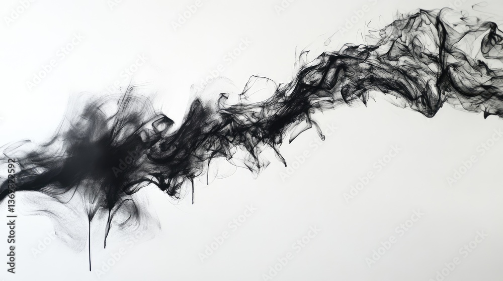 Fototapeta premium Abstract Black Smoke Flowing on White Background with Gradual Color Transition and Soft Edges in Artistic Style