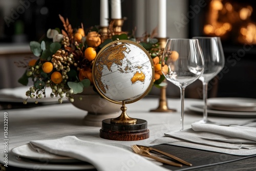 Elegant Table Setting with Globe: An elegant table setting with a decorative globe as a centerpiece, evoking a sense of sophistication and global connection.