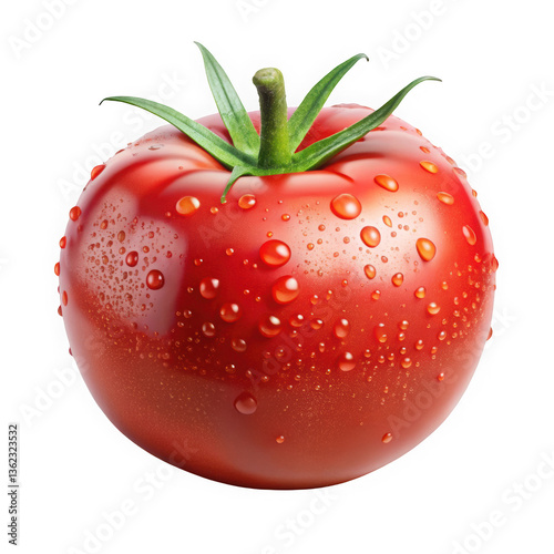 Fresh red tomato with water droplets, showcasing its vibrant color and glossy texture against a clean background.