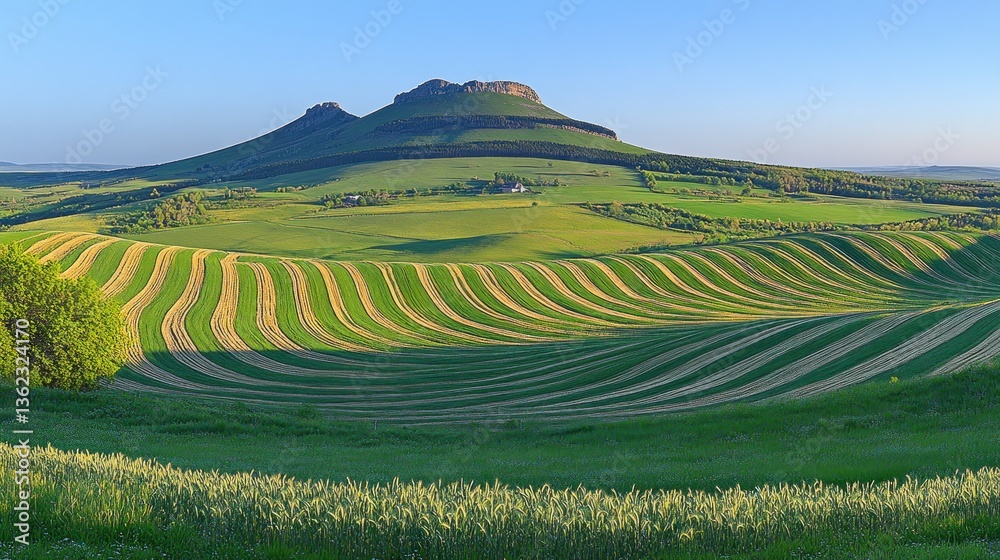 Fototapeta premium Rolling hills and fields in vibrant green hues under a clear sky