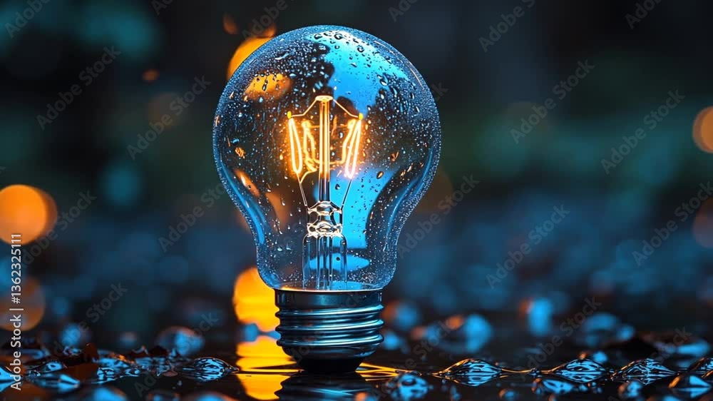 Glowing lightbulb, water droplets, dark background, inspiration, use in educational, social media, and print media