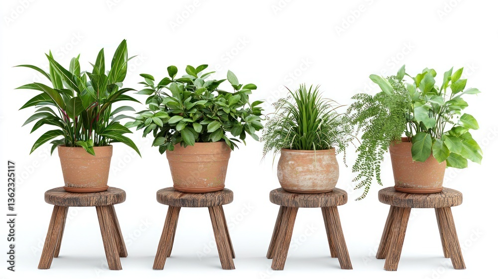 Fototapeta premium Indoor Plants in Pots on Wooden Stools, Isolated White Background