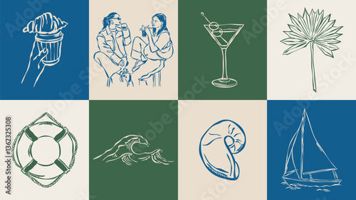Dolce Vita sketch style vector illustration collection. Travel doodles. Art for postcards, print posters, packaging design.