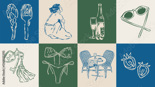 Dolce Vita sketch style vector illustration collection. Travel doodles. Art for postcards, print posters, packaging design.