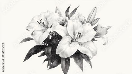 Elegant fine line drawing of a lily bouquet symbolizing purity and grace