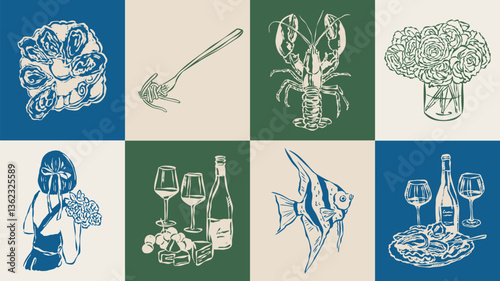 Dolce Vita sketch style vector illustration collection. Travel doodles. Art for postcards, print posters, packaging design.