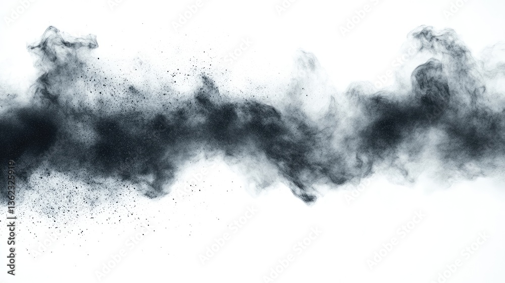 Abstract Black Smoke or Dust Wave Flowing Across White Background in Artistic Style Abstract Black Smoke or Dust Wave Flowing Across White Background in Artistic Style