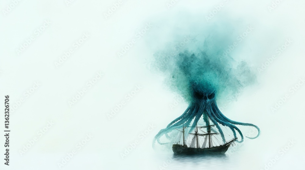 Fototapeta premium Mysterious Sea Monster Rising Above an Ancient Ship in a Misty Ocean Environment
