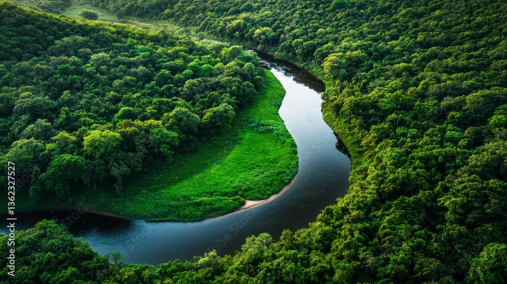 Emerald Embrace: Aerial view of a serene river winding through a lush forest, a testament to the captivating interplay of water and vibrant flora Emerald Embrace: Aerial view of a serene river winding through a lush forest, a testament to the captivating interplay of water and vibrant flora