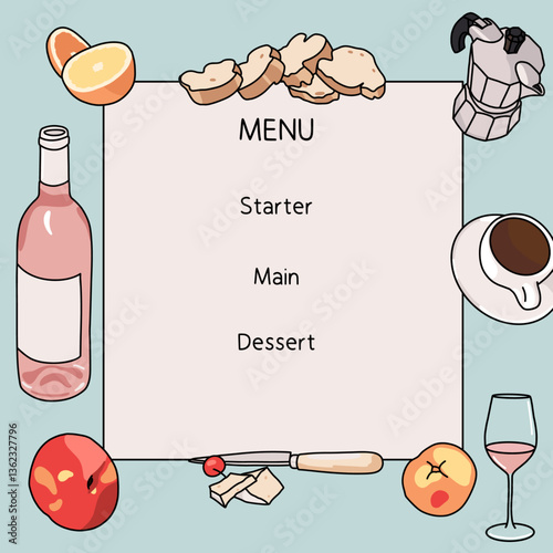 Fun Menu Template with Food and Drinks Vector Illustration for Dinner party Foodie Events