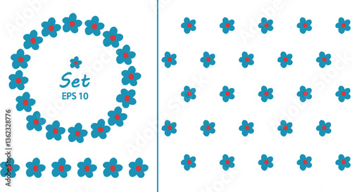 Floral set pattern, round frame and border. Simple vector seamless background. Collection of elements for design of cards, textiles, clothes, bed linen, packaging. eps 10