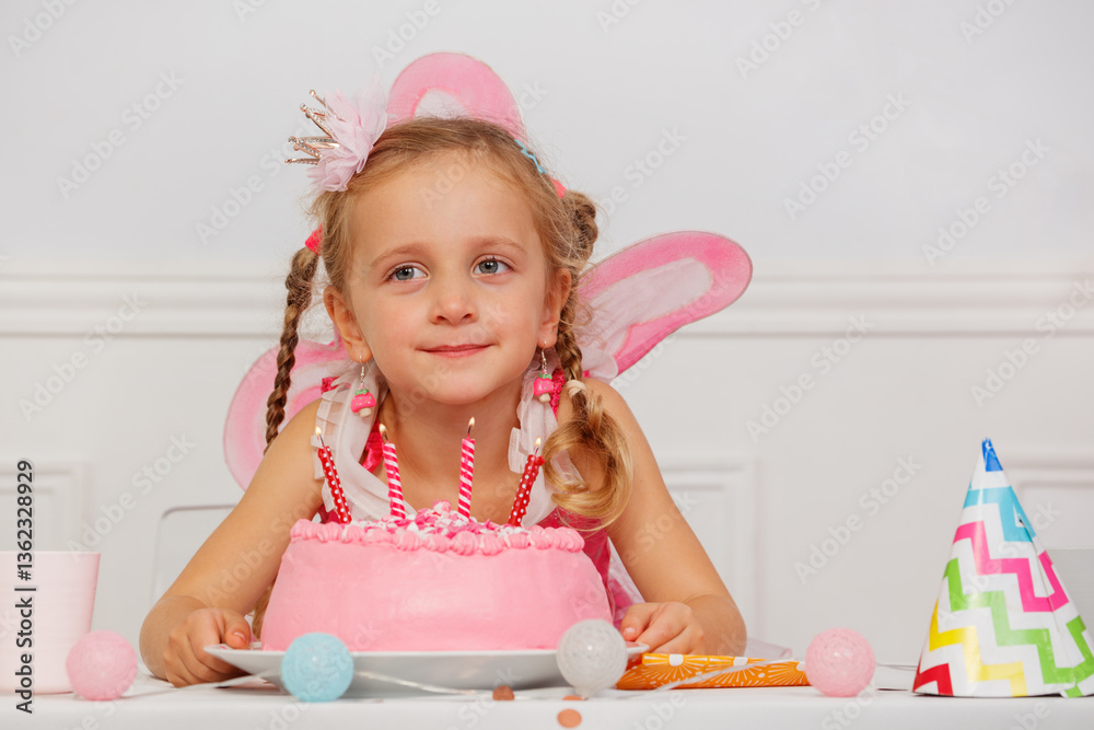 Little girl beams at birthday party with pink cake and candles