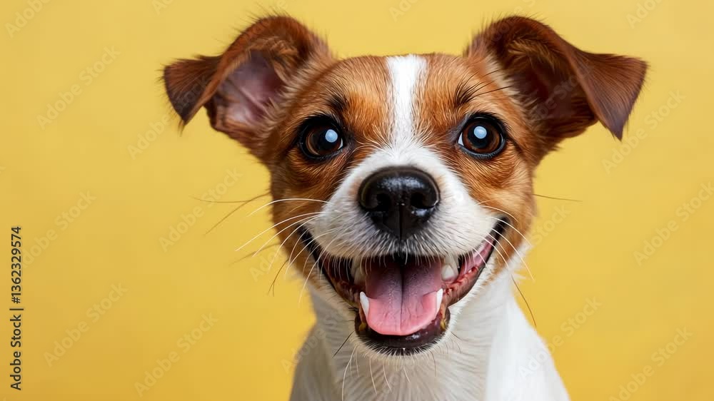 Happy Dog with Bright Smile Against Yellow Background in Studio Happy Dog with Bright Smile Against Yellow Background in Studio