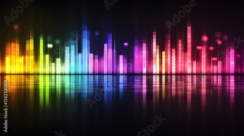vibrant display of abstract neon sound bars in various colors including red orange yellow green blue and purple set against deep black background creating dynamic and energetic atmosphere