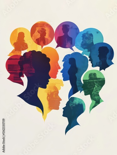 Wallpaper Mural Communication across diverse cultures - Multicultural dialogue represented by colored silhouette and speech bubbles of multiethnic individuals. Diversity equality inclusion concept cute soft Torontodigital.ca