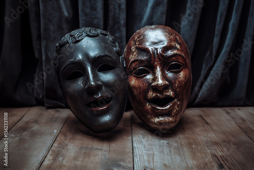 a pair of theater masks, one depicting a happy expression and the other showing true sadness,