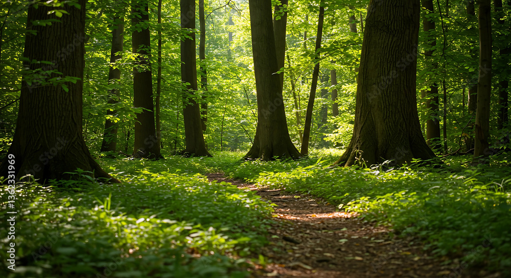 Obraz premium A path through a sunlit forest with tall green trees