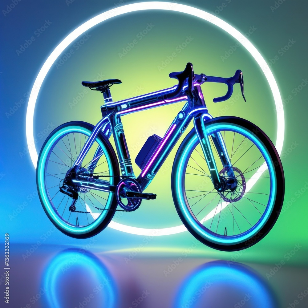 Fototapeta premium Image is a digital artwork featuring a futuristic, neon-style bicycle set against a blue and green background