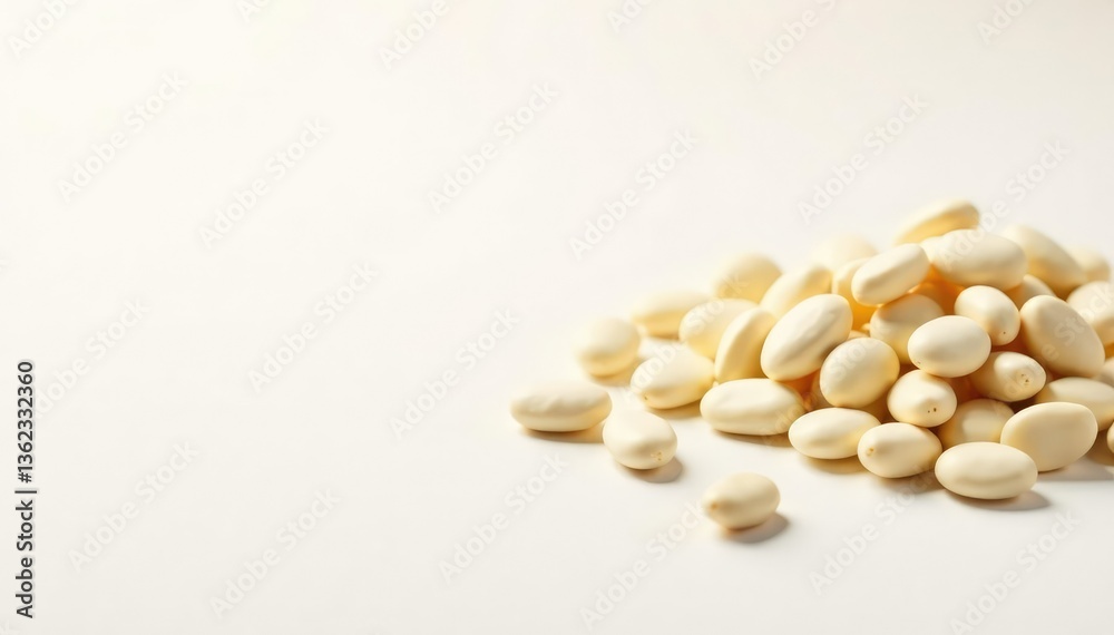 Scattered white beans against a bright white backdrop, healthy, sprinkled Scattered white beans against a bright white backdrop, healthy, sprinkled