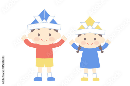 兜をかぶってバンザイをする男の子と女の子のベクターイラスト