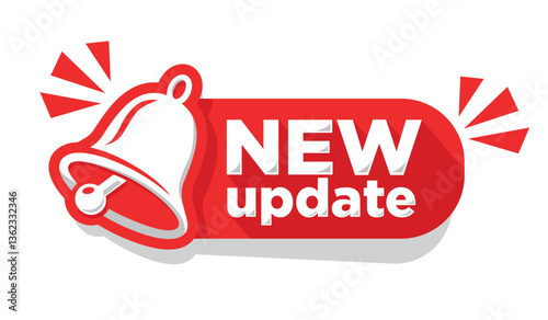 Modern label New Update on red ribbon with bell. Banner with notification bell, announcement for new update. Vector on transparent background
