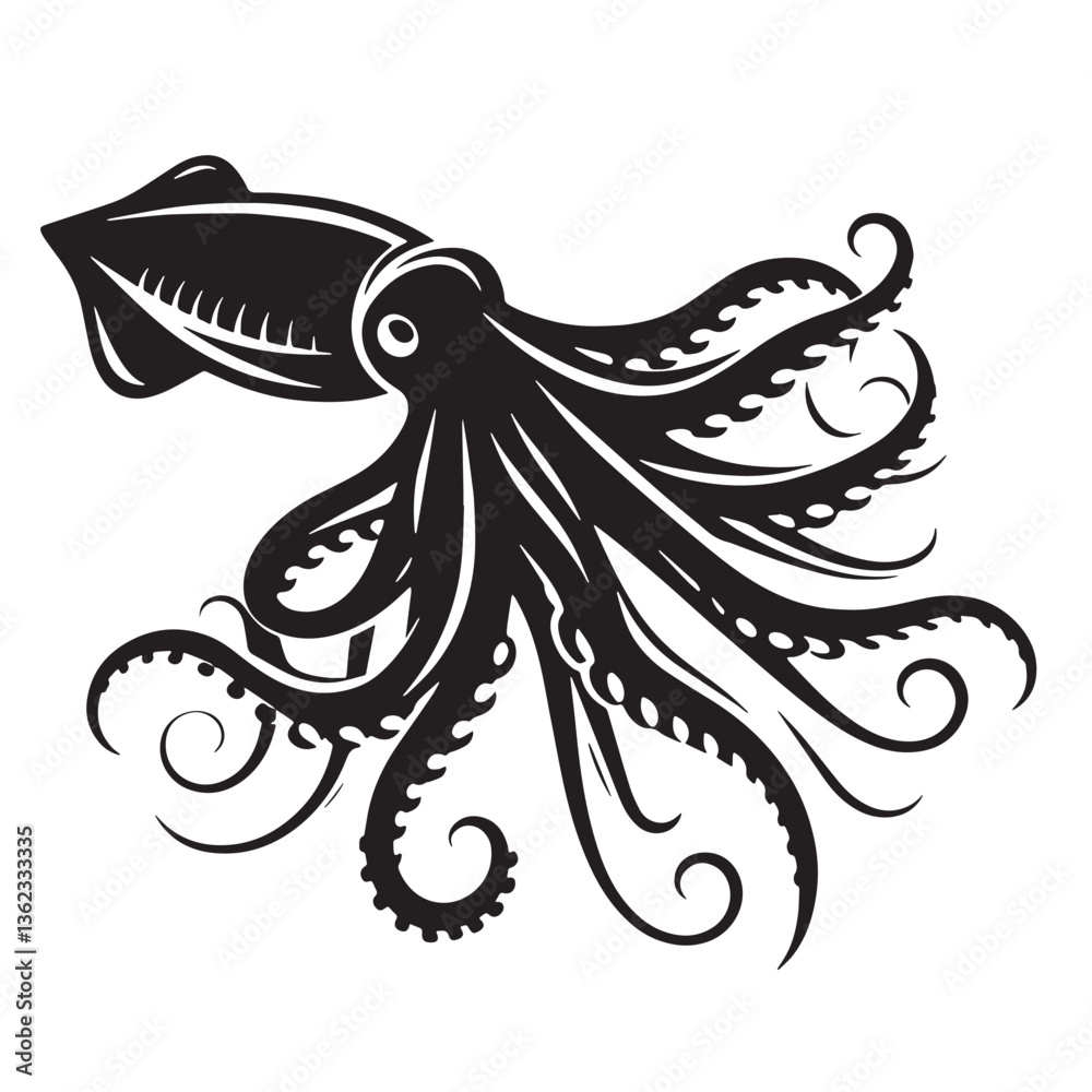 Fototapeta premium Black Color Squid Silhouette Vector Illustration, Solid White Background