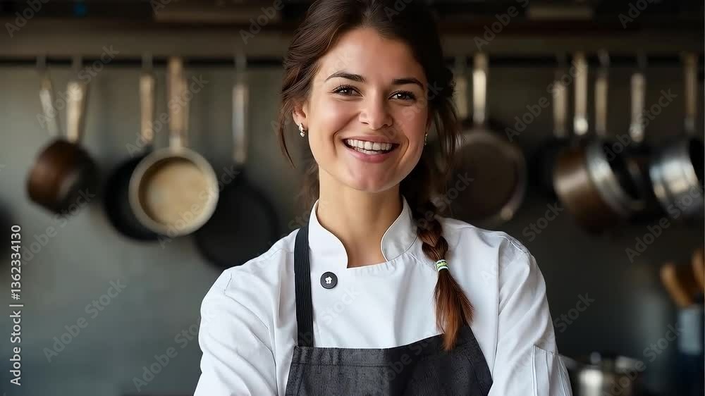 Mujer chef sonriente en cocina profesional