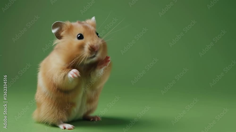 Cute brown hamster waving hand video footage. Funny pet saying hello clip. Adorable rodent standing up on green background, friendly animal waving its paw motion picture.