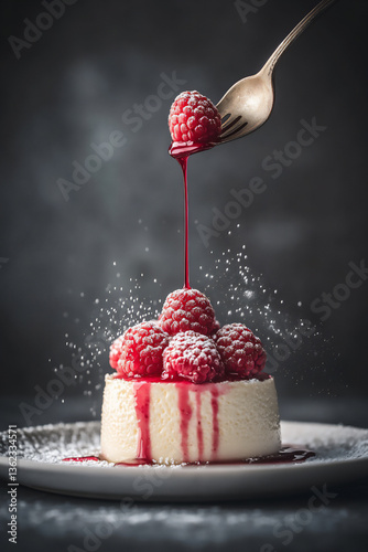 a photo of panna cotta with darwin's insignificant little potted red raspberries, with a drizzle of clear ruby gel on top, presented in an elegant white plate,