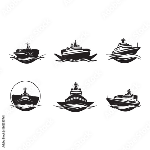 Set of fishing boats on the ocean in a nautical design with various vessels and ships for travel, transportation, and sailing
