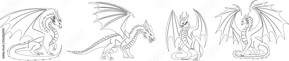 Obraz premium sketch set dragons, outline, vector