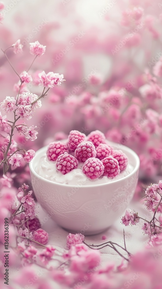 Strawberry dessert parfait in glass placed on pink decorative background with flower garnish and cream topping capturing romantic layered dessert concept in styled food visual Strawberry dessert parfait in glass placed on pink decorative background with flower garnish and cream topping capturing romantic layered dessert concept in styled food visual
