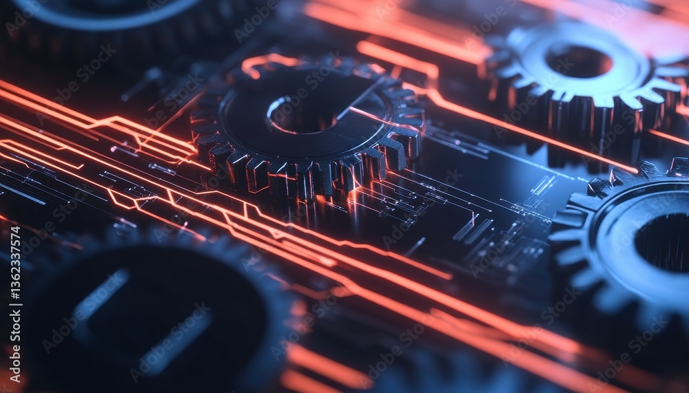 Fototapeta premium Glowing Metal Gears on Orange Circuit Board