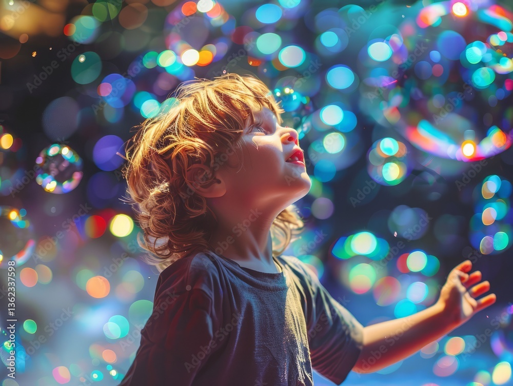Photo of a happy child at a foam disco in soap bubbles in closes. A children's show on resort, animation program in hotel. Photo of a happy child at a foam disco in soap bubbles in closes. A children's show on resort, animation program in hotel.