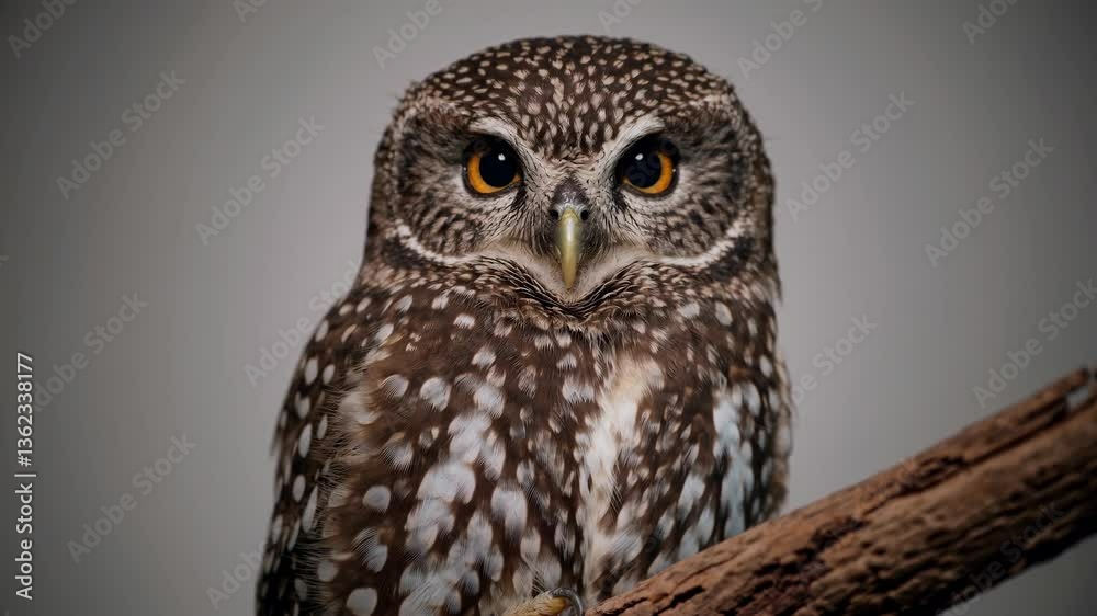 Close-up video of a spotted owl perched on a branch, shot from a front angle. The focus is on its striking eyes and detailed feathers. Close-up video of a spotted owl perched on a branch, shot from a front angle. The focus is on its striking eyes and detailed feathers.