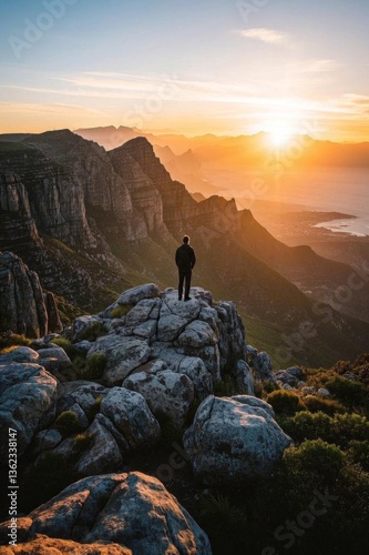 a man standing on a rock overlooking a mountain at sunset
