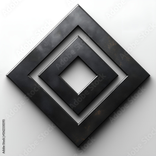 A modern, minimalist metallic sculpture composed of three nested diamond shapes, each progressively smaller and centered within the other. Set against a clean, gradient white-gray background.