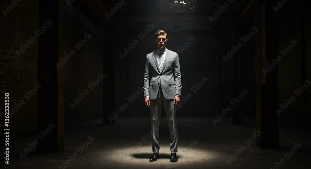 Obraz premium Man in suit stands in spotlight in a dark room alone
