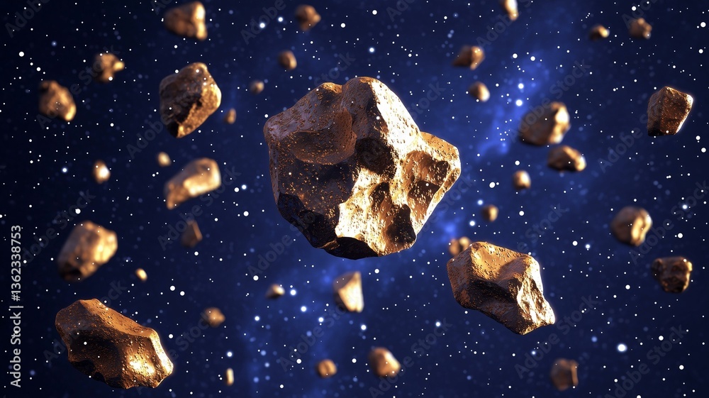 Ultra-realistic image of an asteroid field with floating rocks, illuminated by distant stars in deep space
Ultra-realistic image of an asteroid field with floating rocks, illuminated by distant stars in deep space