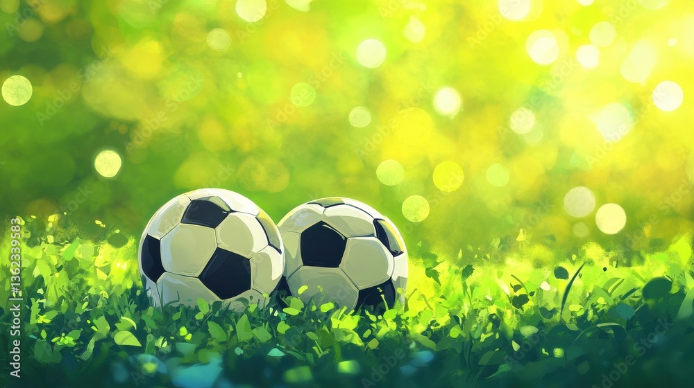 Fototapeta premium Two soccer balls on green grass, sunny day, blurred background, sports equipment illustration