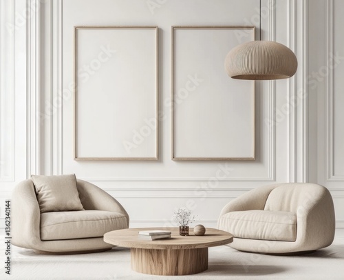 Minimalist living room with two armchairs, wooden coffee table, and blank frames.