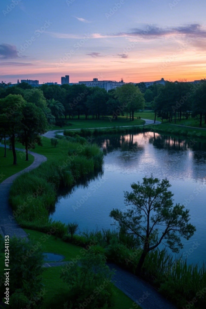 Obraz premium arafed view of a lake with a path and trees in the foreground