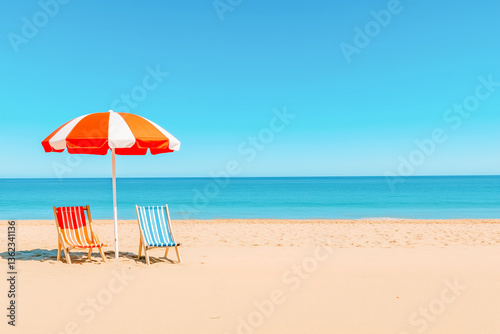 Two empty deck chairs and umbrella on sandy beach with blue sea and clear sky