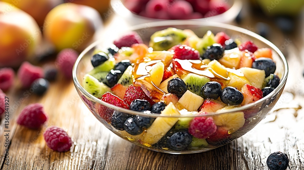 Freshly made fruit salad honey drizzle on a wooden table Freshly made fruit salad honey drizzle on a wooden table