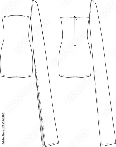 strapless neck sleeveless long sleeve one shoulder zippered bodycon short mini dress template technical drawing flat sketch cad mockup fashion woman design style model 
