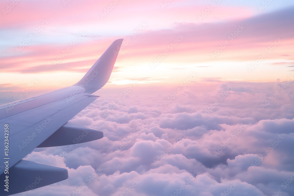 Obraz premium a photograph of an airplane wing flying above the clouds, with a beautiful pastel sky in shades of pink and purple. the view is from inside the plane,